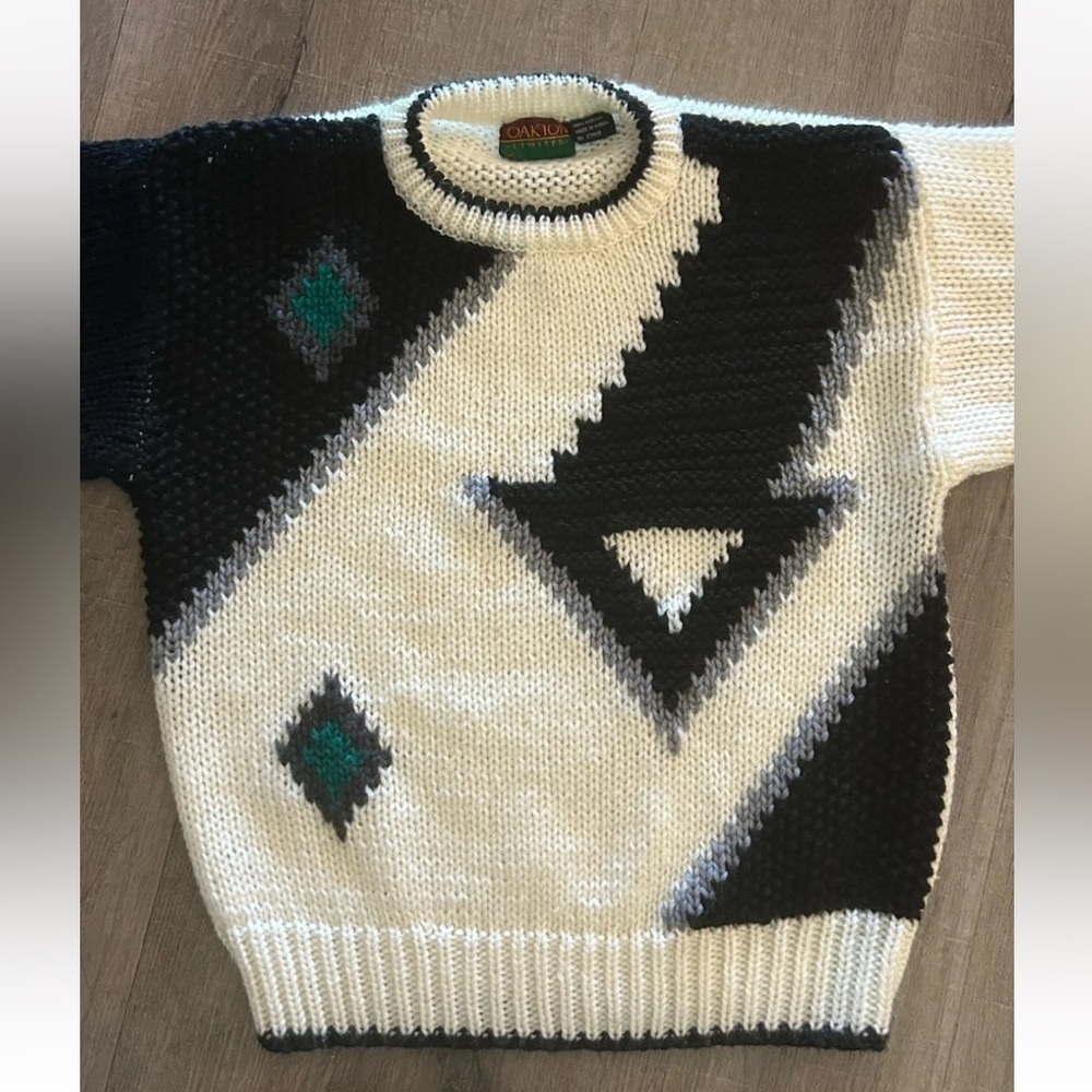 Vintage 80's/90's Oakton Limited Mens Sweater Medium Ivory Color Block Diamond‎